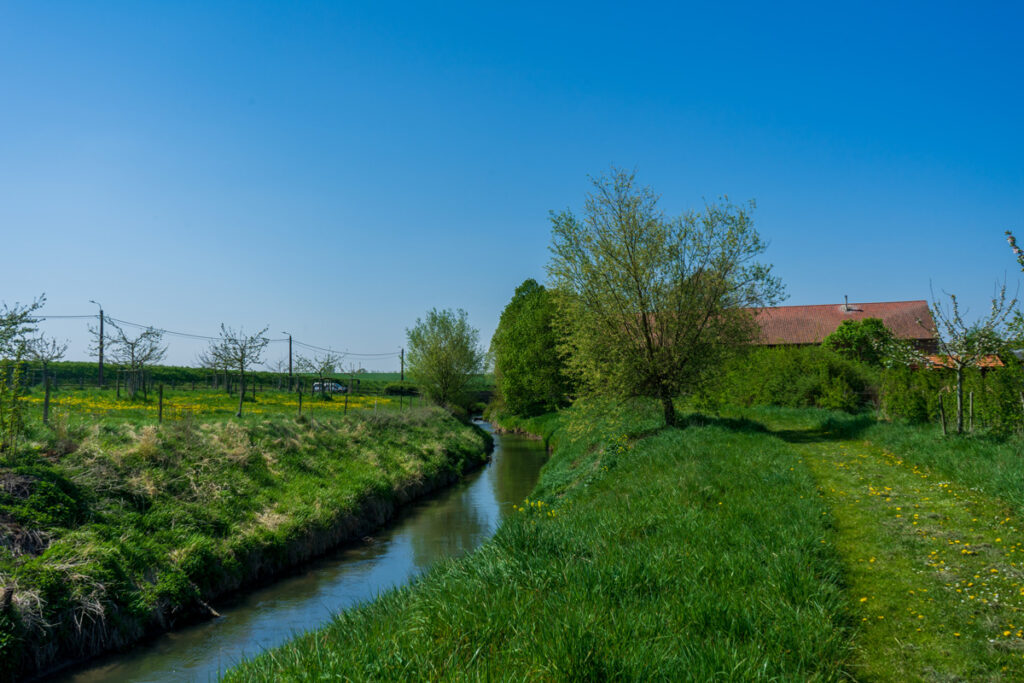 Het groene domein van de kasteelhoeve op de oever van de Kleine Gete